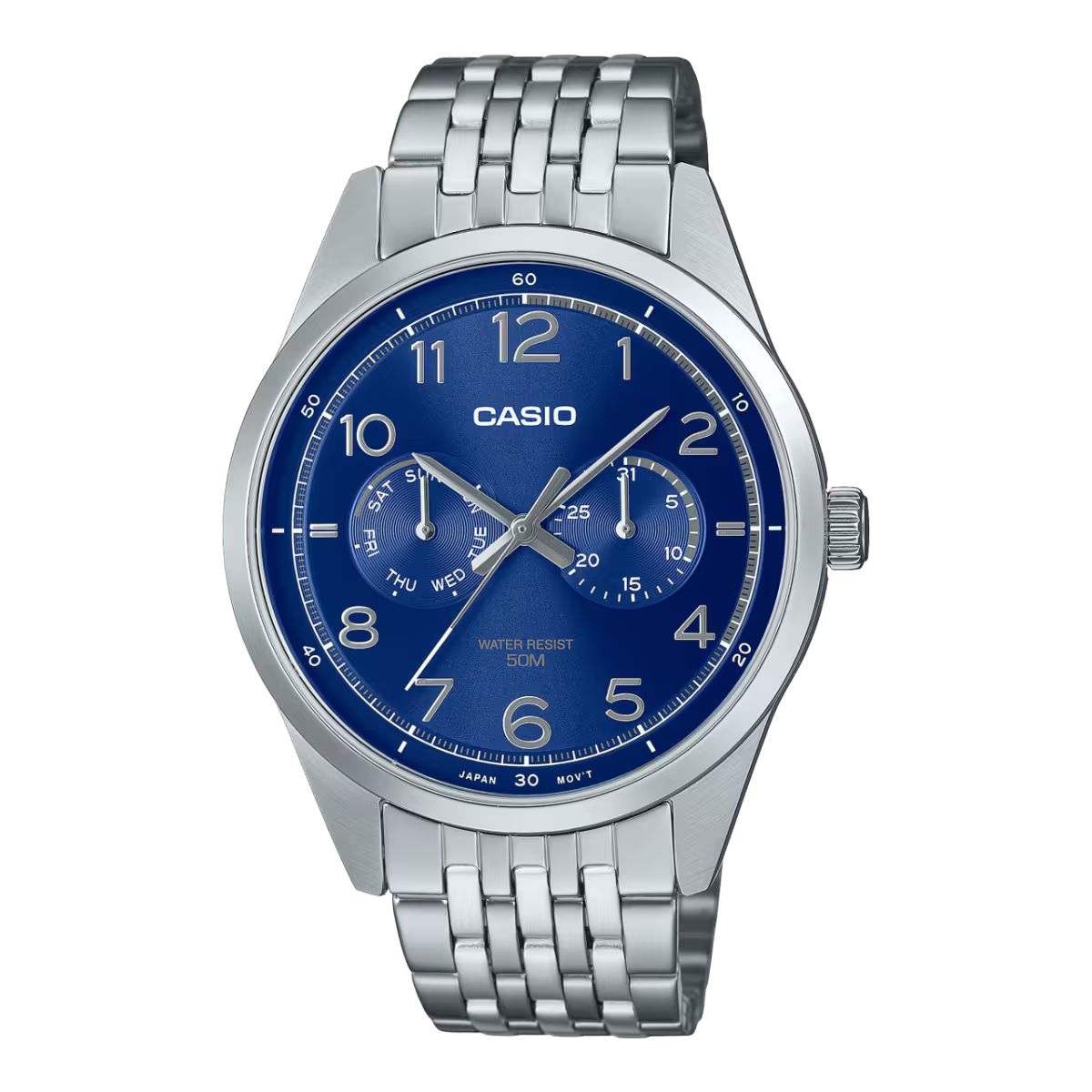 Casio MTP-E340D-2AVDF watch for man with a blue dial and stainless steel strap.