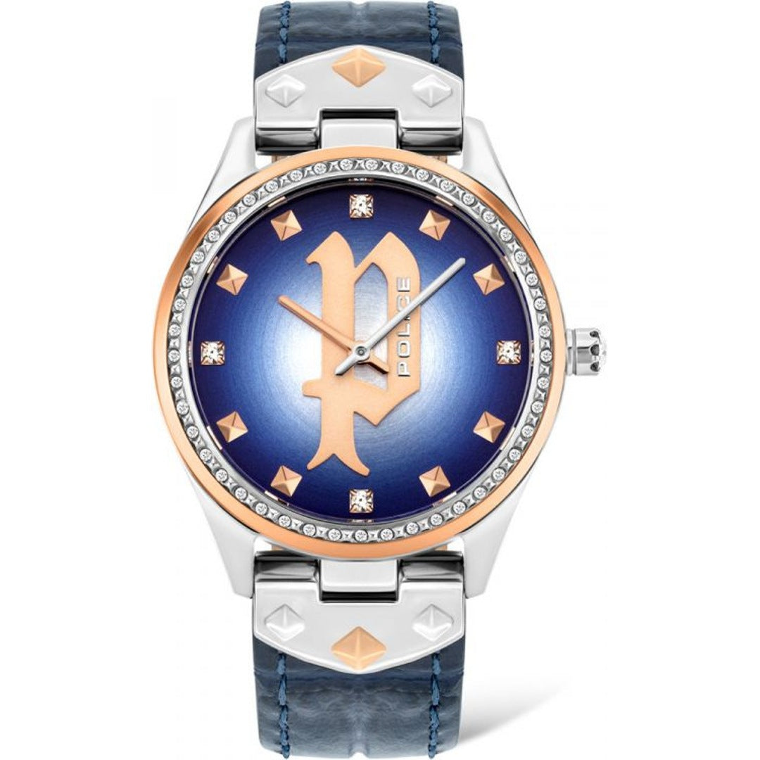 Police PL16029MSTR-03 watch for women with a blue dial and leather strap.