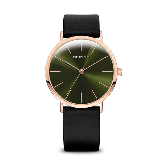 Bering 13436-469 watch for man with a green dial and leather strap.