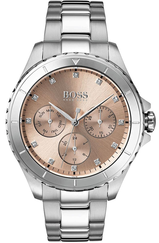 Hugo Boss 1502444 watch for women with a pink dial and stainless steel strap.
