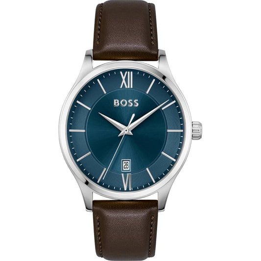 Boss 1513955 watch for man with a blue dial and leather strap.