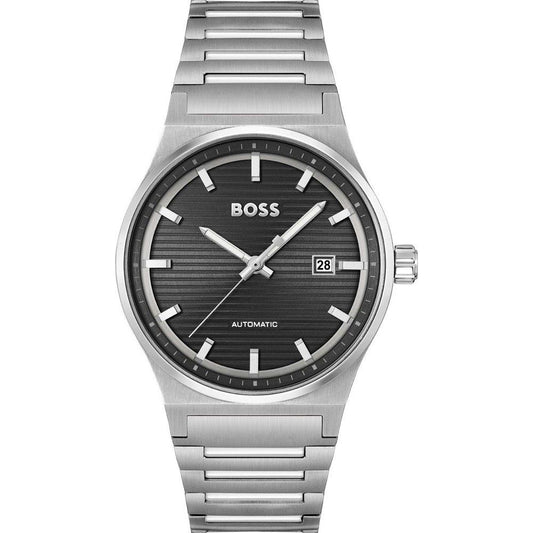 Boss 1514117 watch for man with a black dial and stainless steel strap.