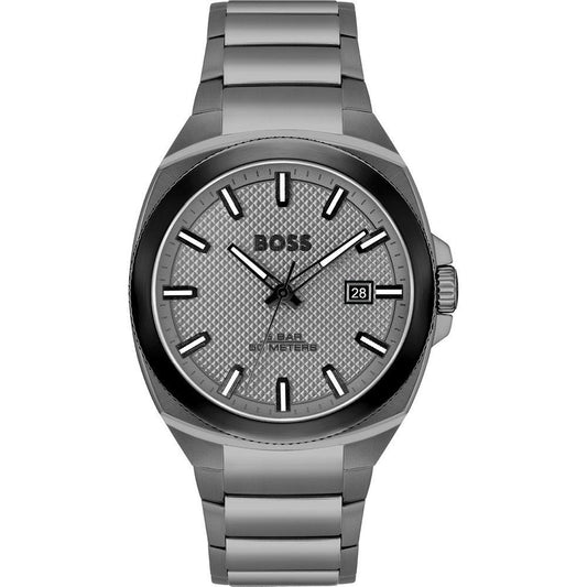 Boss 1514137 watch for man with a grey dial and stainless steel strap.