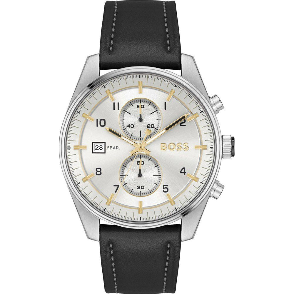 Boss 1514147 watch for man with a grey dial and leather strap.