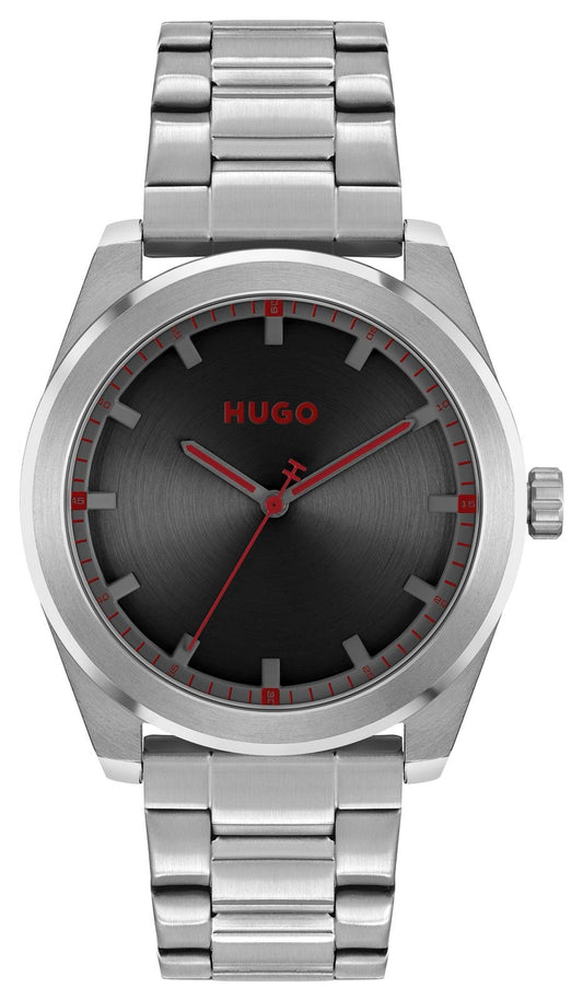 Hugo 1570175 watch for man with a black dial and stainless steel strap.
