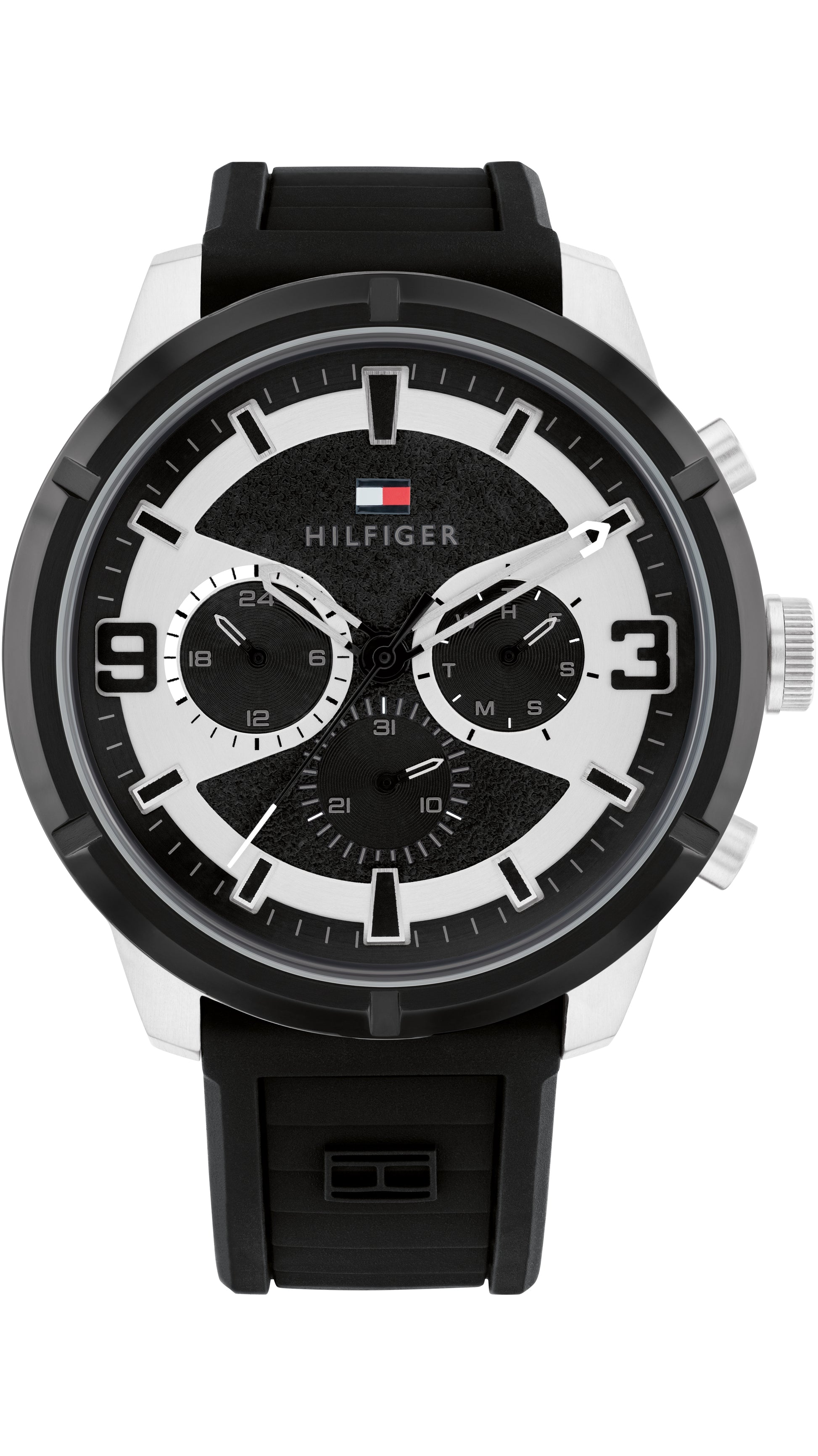 Tommy Hilfiger 1792074 watch for man with a black dial and silicone strap.