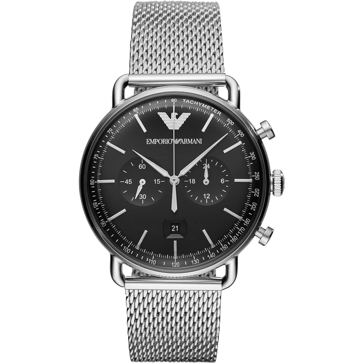 Armani AR11104 watch for man with a black dial and steel strap.