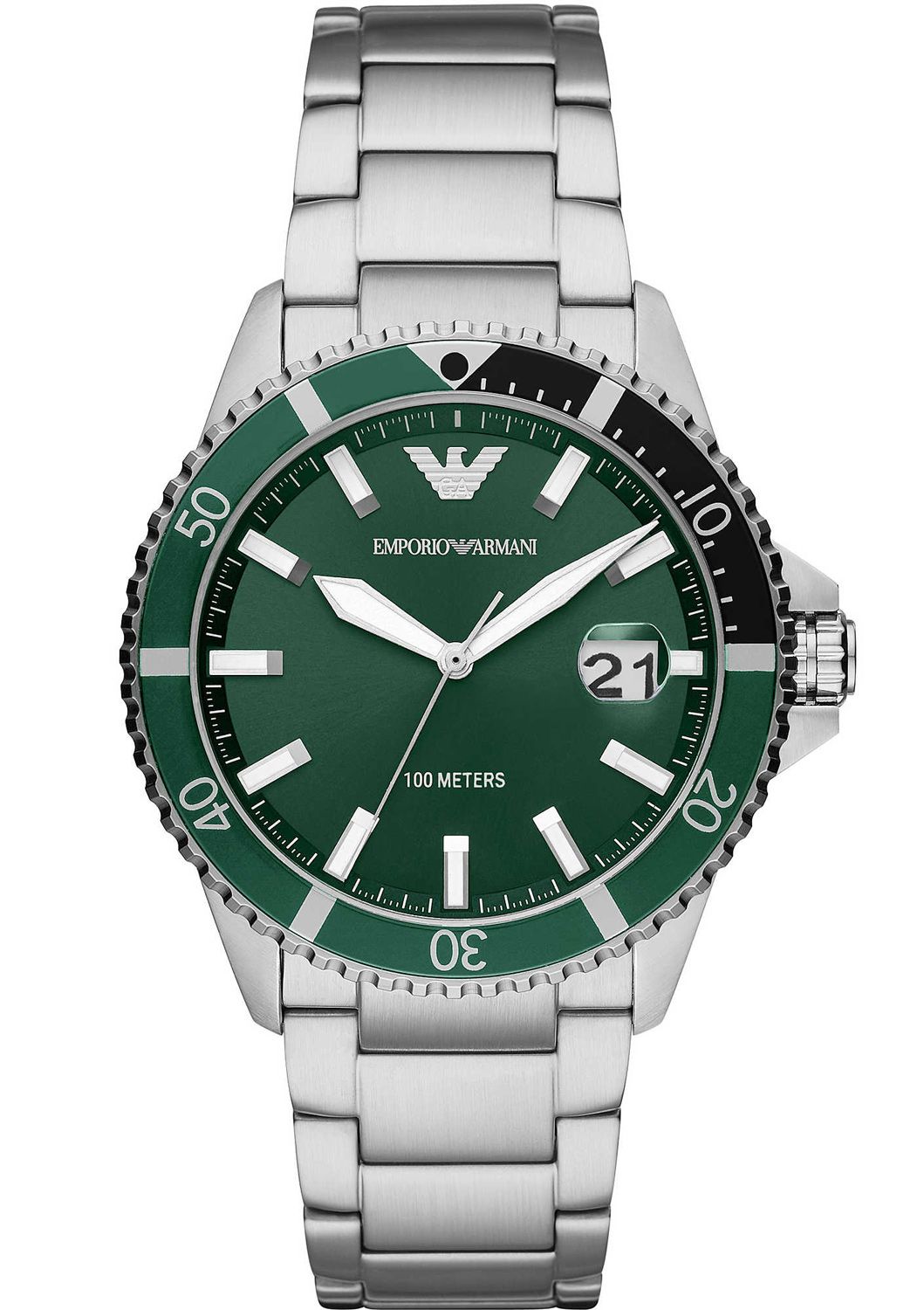 Armani AR11338 watch for man with a green dial and stainless steel strap.