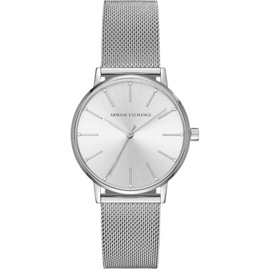 Armani Exchange AX5535 watch for women with a silver dial and stainless steel strap.