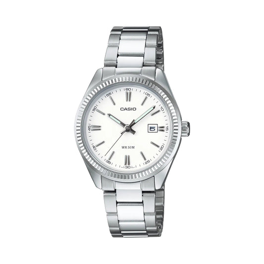 Casio LTP-1302PD-7A1VEG watch for unisex with a white dial and stainless steel strap.