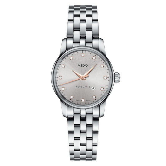 Mido M76004671 watch for woman with a white dial and stainless steel strap.