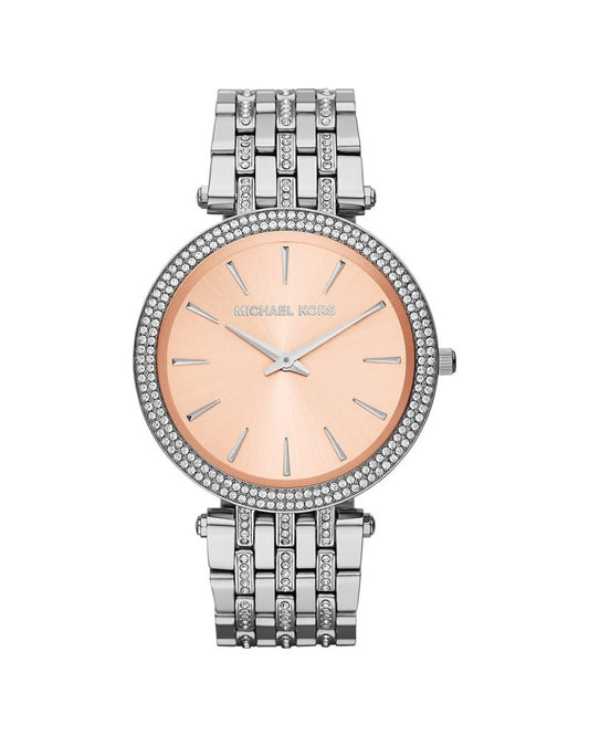 Michael Kors MK3218 watch for women with a pink dial and stainless steel strap.