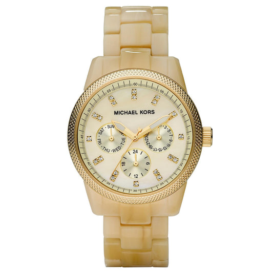 Michael Kors MK5039 watch for women with a beige dial and resin strap.