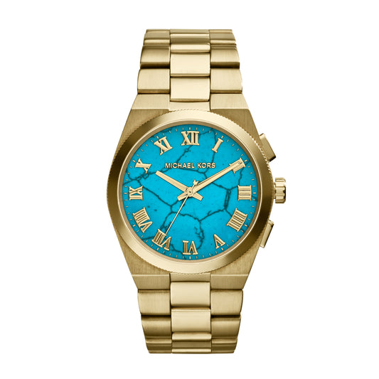 Michael Kors MK5894 watch for women with a blue dial and steel strap.