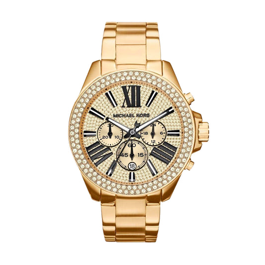 Michael Kors MK6095 watch for women with a golden dial and stainless steel strap.