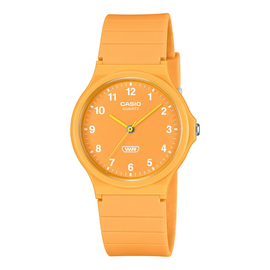 Casio MQ-24B-9BEF watch for women with a orange dial and resin strap.