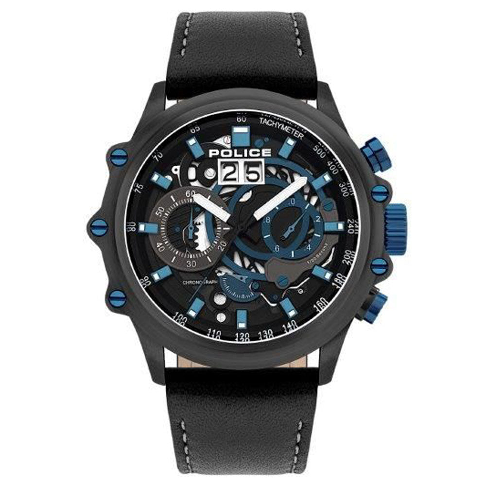 Police PL.16018JSU-02 watch for man with a black dial and leather strap.