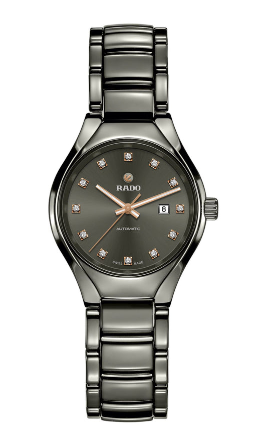 Rado R27243732 watch for woman with a black dial and stainless steel strap.