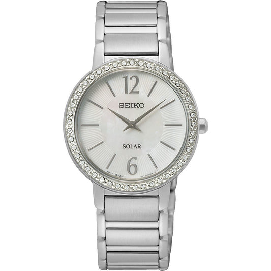 Seiko SUP467P1 watch for women with a beige dial and stainless steel strap.