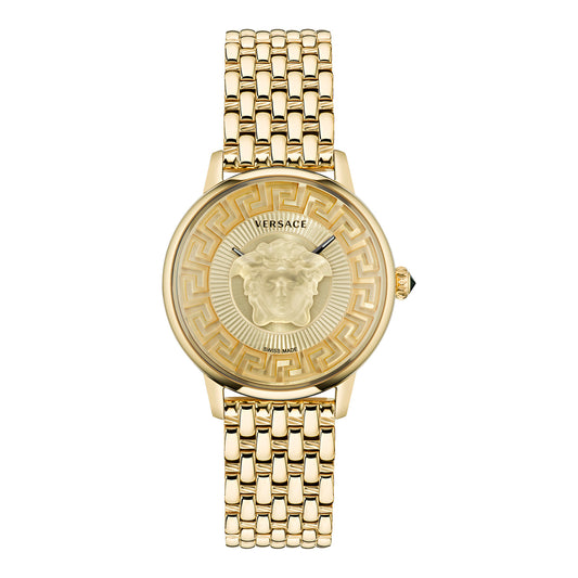 Versace VE6F00623 watch for unisex with a golden dial and stainless steel strap.
