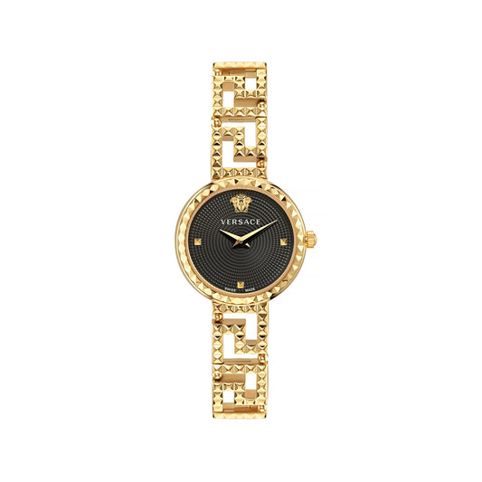 Versace VE7A00423 watch for women with a black dial and stainless steel strap.
