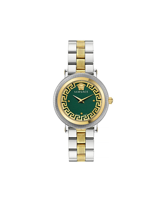 Versace VE7F00523 watch for women with a green dial and stainless steel strap.